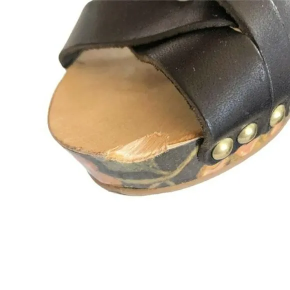Isabel Marant Black Bianaca Leather Wooden Wedge Floral Print Sandals Eu 37