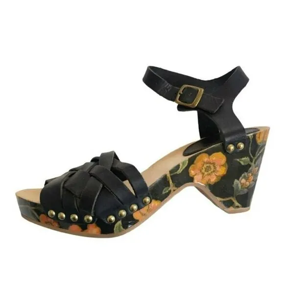 Isabel Marant Black Bianaca Leather Wooden Wedge Floral Print Sandals Eu 37
