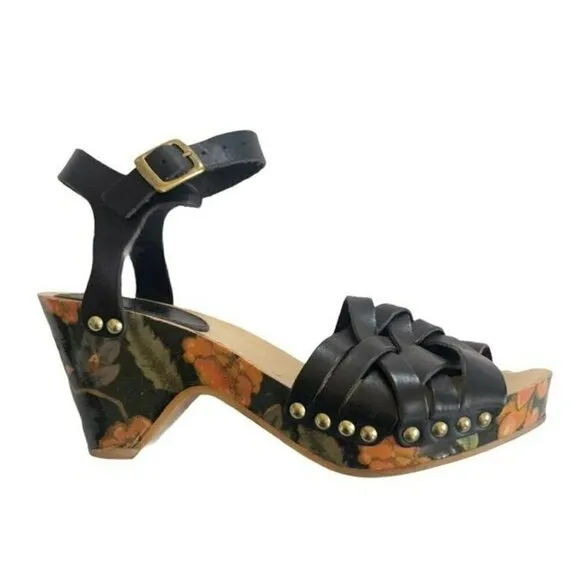 Isabel Marant Black Bianaca Leather Wooden Wedge Floral Print Sandals Eu 37