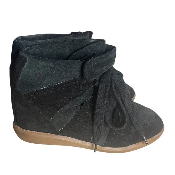 ISABEL MARANT Faded Black Suede Sneakers High Top Hidden Wedge Size 38 US 7