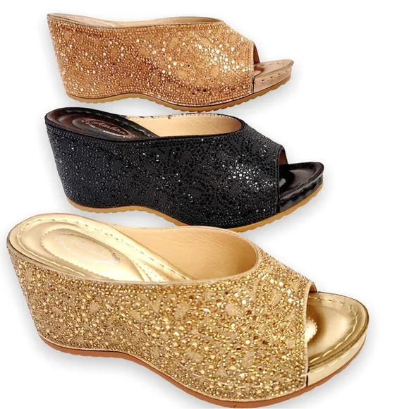 Italina Silver Metallic Rhinestone Crystal Jewel Embellished Wedge
