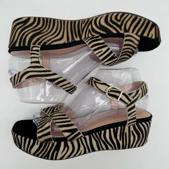 J. Crew Fur Zebra Stripe Black Tan Platform Sandals Size 8