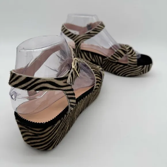 J. Crew Fur Zebra Stripe Black Tan Platform Sandals Size 8