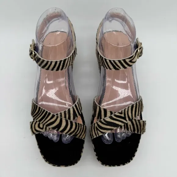 J. Crew Fur Zebra Stripe Black Tan Platform Sandals Size 8