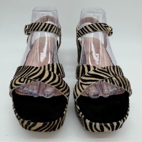 J. Crew Fur Zebra Stripe Black Tan Platform Sandals Size 8
