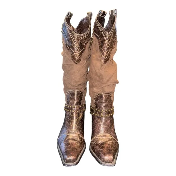 J. Renee Western Boots 9M Brown Faux Suede Snake Skin Cowboy Gold Studs