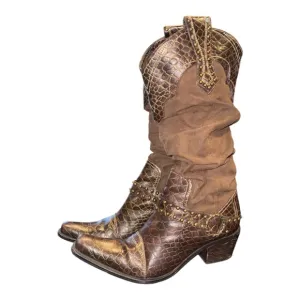 J. Renee Western Boots 9M Brown Faux Suede Snake Skin Cowboy Gold Studs