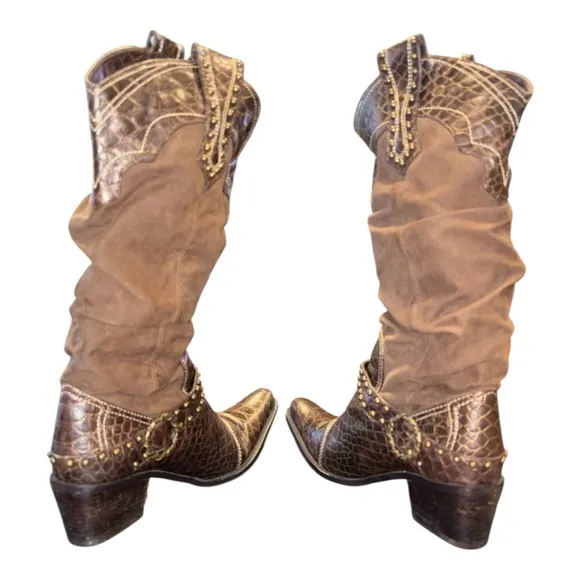 J. Renee Western Boots 9M Brown Faux Suede Snake Skin Cowboy Gold Studs