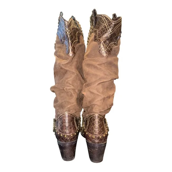 J. Renee Western Boots 9M Brown Faux Suede Snake Skin Cowboy Gold Studs