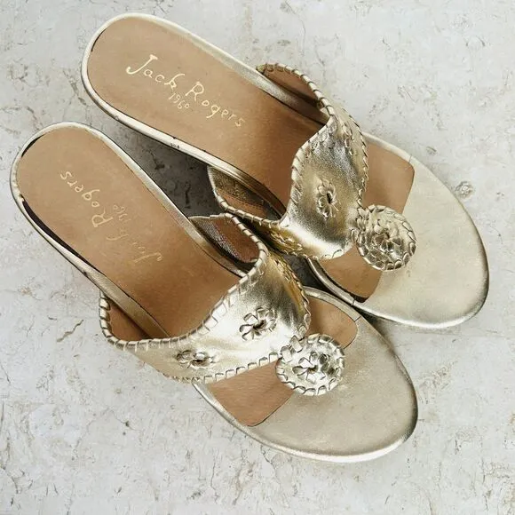 Jack Rogers Sandals 9.5 Marbella Gold Metallic Leather Handmade Wedge Shoes