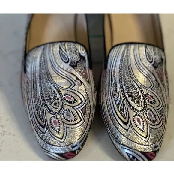 J CREW Jacquard Metallic Smoking Flats LUX Leather Italy Women Size 10 Fast Ship