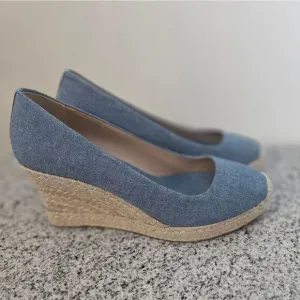 J.Crew Womens Seville Espadrille Shoes Platform Wedge Canvas Light Blue sz 10