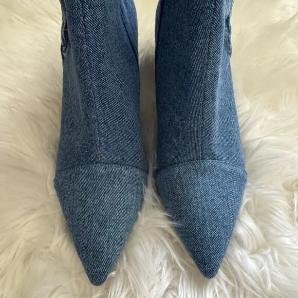 Jeffrey Campbell FINITE-JN Chunky Heel Pointed Bootie Shoes in Denim Blue 8.5