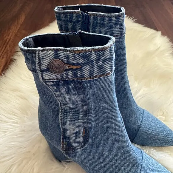 Jeffrey Campbell FINITE-JN Chunky Heel Pointed Bootie Shoes in Denim Blue 8.5