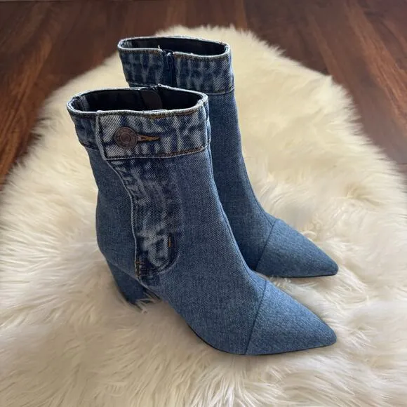 Jeffrey Campbell FINITE-JN Chunky Heel Pointed Bootie Shoes in Denim Blue 8.5