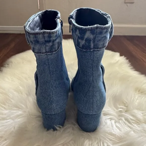 Jeffrey Campbell FINITE-JN Chunky Heel Pointed Bootie Shoes in Denim Blue 8.5