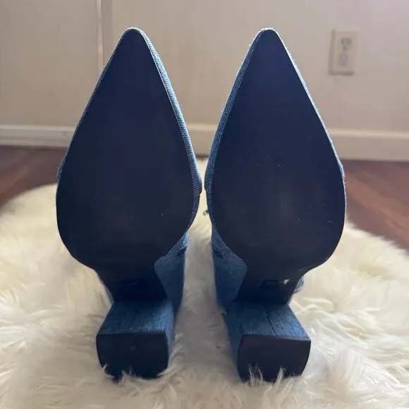 Jeffrey Campbell FINITE-JN Chunky Heel Pointed Bootie Shoes in Denim Blue 8.5