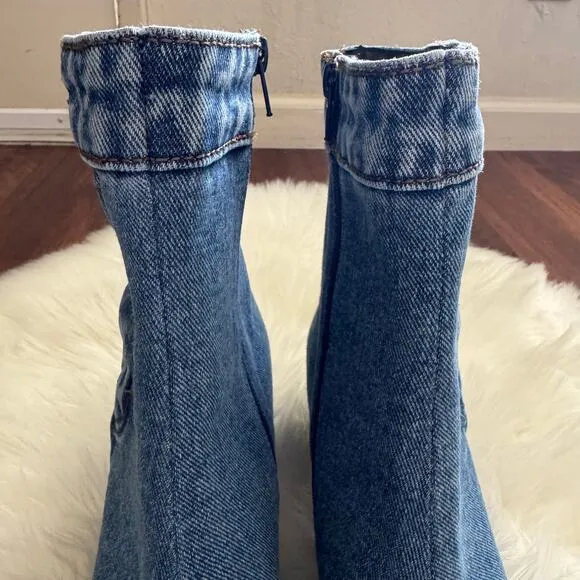 Jeffrey Campbell FINITE-JN Chunky Heel Pointed Bootie Shoes in Denim Blue 8.5