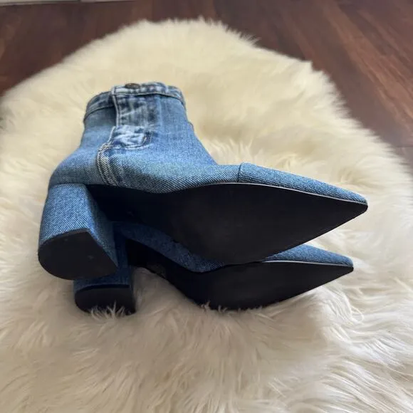 Jeffrey Campbell FINITE-JN Chunky Heel Pointed Bootie Shoes in Denim Blue 8.5