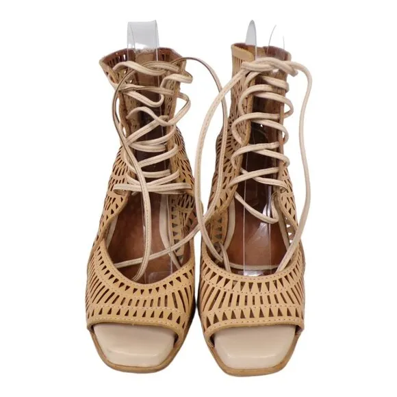 Jeffrey Campbell Rodillo Wedge Sandals Size 9 Tan Leather Lace Up #1257