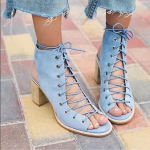 JEFFREY CAMPBELL X FREE PEOPLE Cors Peep Toe Lace Up Suede Blue Heels Womens 9