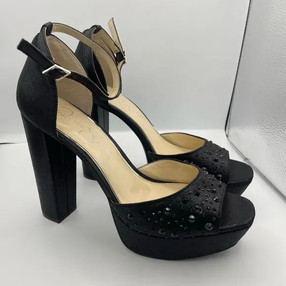 JESSICA SIMPSON studs platform ankle straps black pumps women Size 10M