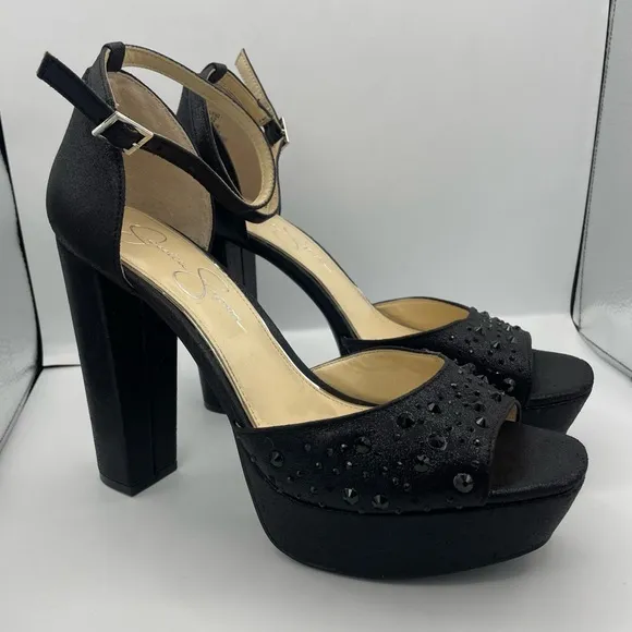 JESSICA SIMPSON studs platform ankle straps black pumps women Size 10M
