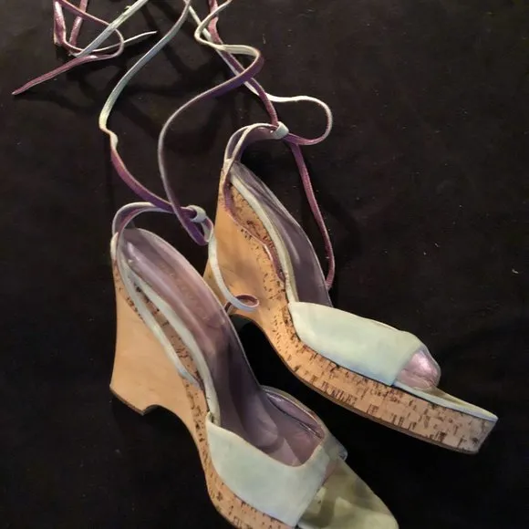 Jill Stuart tiffany blue suede wedge platform sandals