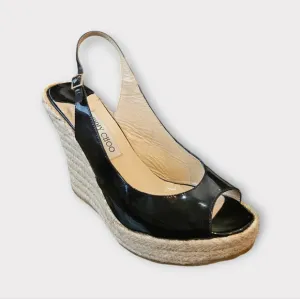Jimmy Choo Black Patent Leather Platform Espadrilles Wedge Sandals