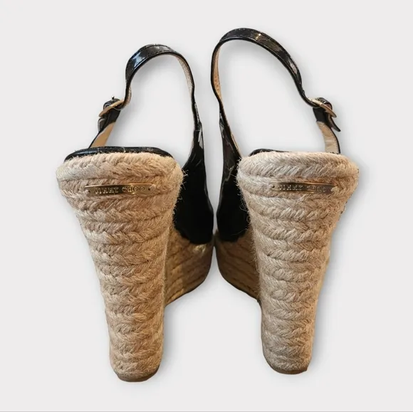Jimmy Choo Black Patent Leather Platform Espadrilles Wedge Sandals