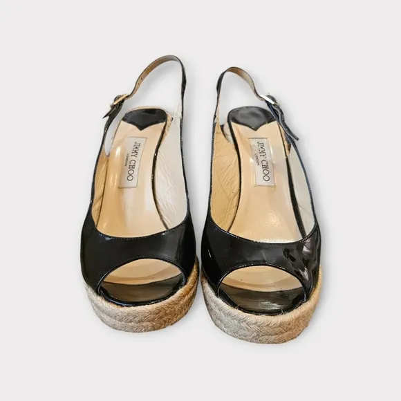 Jimmy Choo Black Patent Leather Platform Espadrilles Wedge Sandals