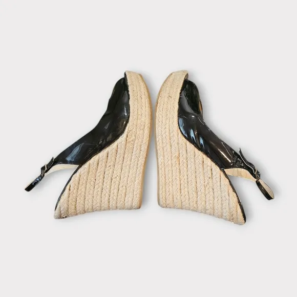 Jimmy Choo Black Patent Leather Platform Espadrilles Wedge Sandals