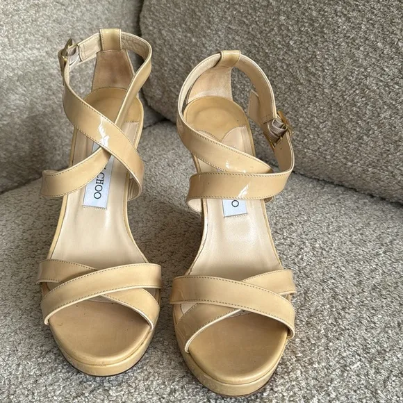 Jimmy Choo Lucia Patent Leather Wedge Platform Sandals