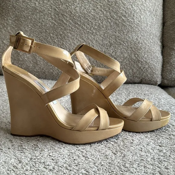 Jimmy Choo Lucia Patent Leather Wedge Platform Sandals