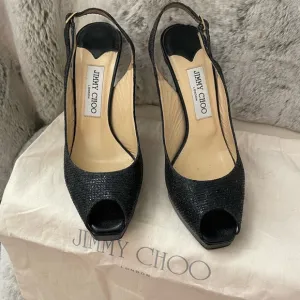 Jimmy Choo Open Toe Platform Black Glitter Fabric Sandals - Size 37.5 worn once!