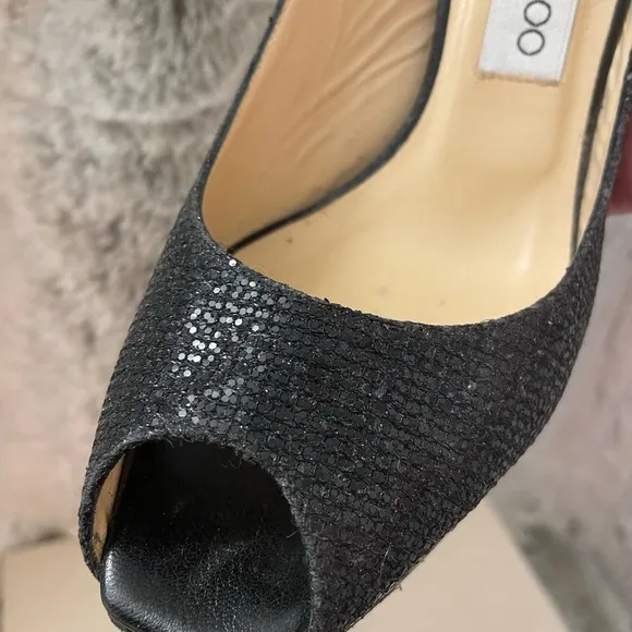 Jimmy Choo Open Toe Platform Black Glitter Fabric Sandals - Size 37.5 worn once!