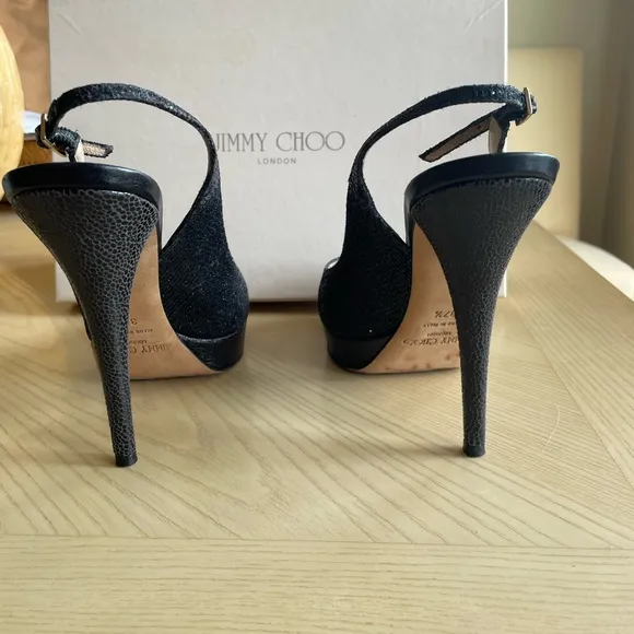 Jimmy Choo Open Toe Platform Black Glitter Fabric Sandals - Size 37.5 worn once!
