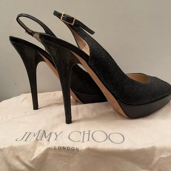 Jimmy Choo Open Toe Platform Black Glitter Fabric Sandals - Size 37.5 worn once!