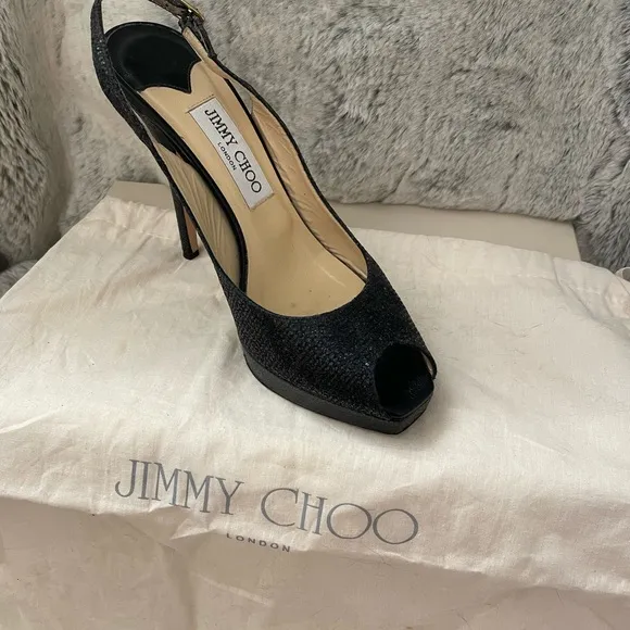 Jimmy Choo Open Toe Platform Black Glitter Fabric Sandals - Size 37.5 worn once!