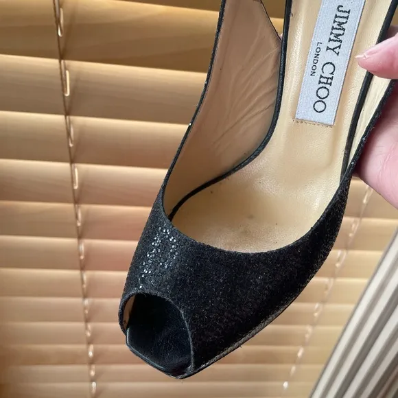 Jimmy Choo Open Toe Platform Black Glitter Fabric Sandals - Size 37.5 worn once!