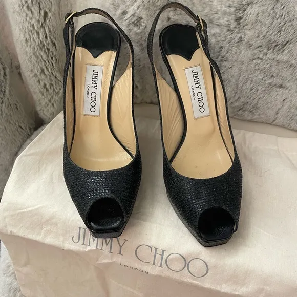 Jimmy Choo Open Toe Platform Black Glitter Fabric Sandals - Size 37.5 worn once!