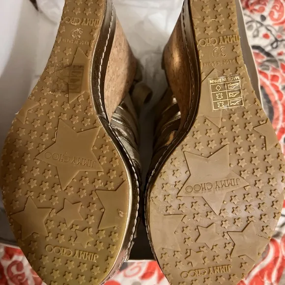 JIMMY CHOO PIA METALLIC GOLD CORK WEDGE SANDALS SIZE 39 ( 8.5)