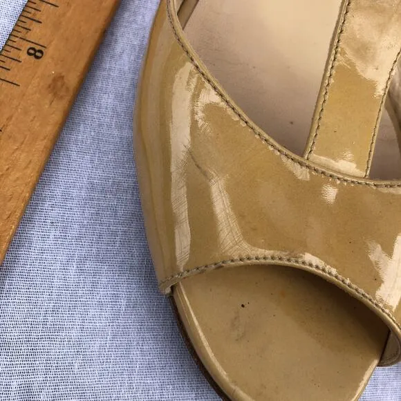 Jimmy Choo Shoes Tan Patent Leather T Strap Wedge Sandal Made in Italy Flawed 39