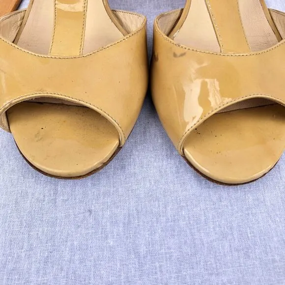 Jimmy Choo Shoes Tan Patent Leather T Strap Wedge Sandal Made in Italy Flawed 39