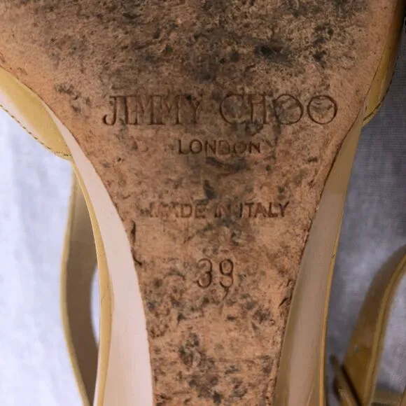 Jimmy Choo Shoes Tan Patent Leather T Strap Wedge Sandal Made in Italy Flawed 39