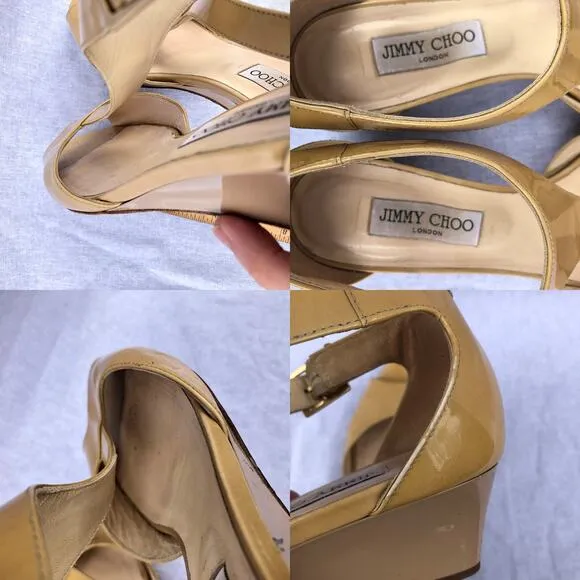 Jimmy Choo Shoes Tan Patent Leather T Strap Wedge Sandal Made in Italy Flawed 39