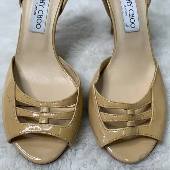 Jimmy Choo Women's Tan Nude Cream Leather Peep Toe Pump Heels Shoes Size 39.5