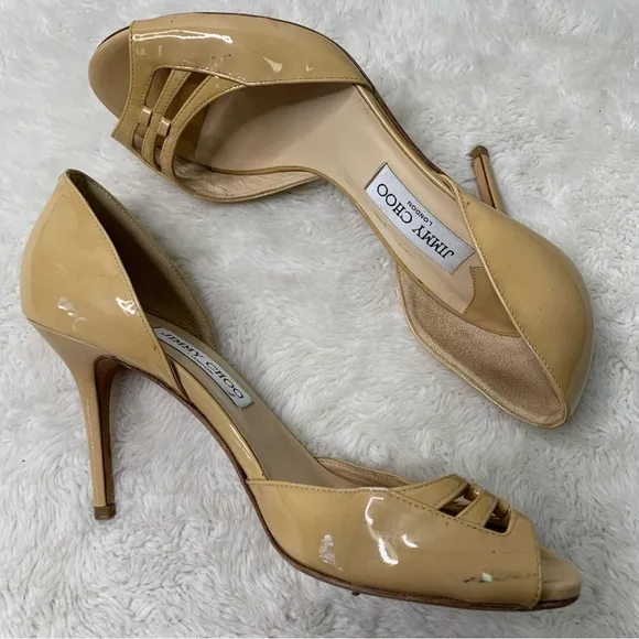 Jimmy Choo Women's Tan Nude Cream Leather Peep Toe Pump Heels Shoes Size 39.5