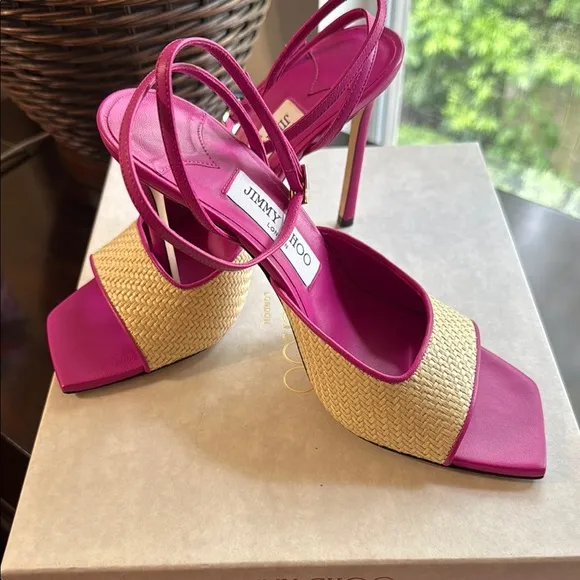 Jimmy Choo Zula 100 Magenta and Tan Leather Trimmed Raffia Heeled Sandals
