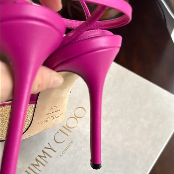 Jimmy Choo Zula 100 Magenta and Tan Leather Trimmed Raffia Heeled Sandals